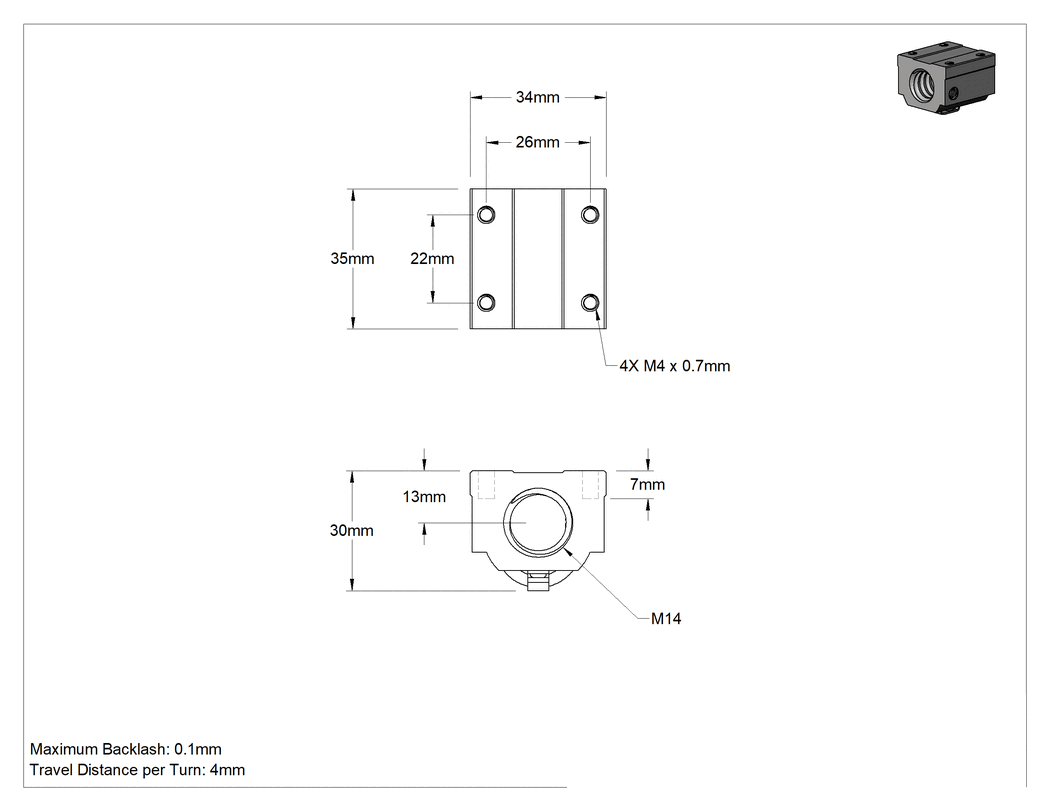 Teknik Çizim - Platform Top Somunu, M14 Diş Boyutu, 35 mm Uzunluk