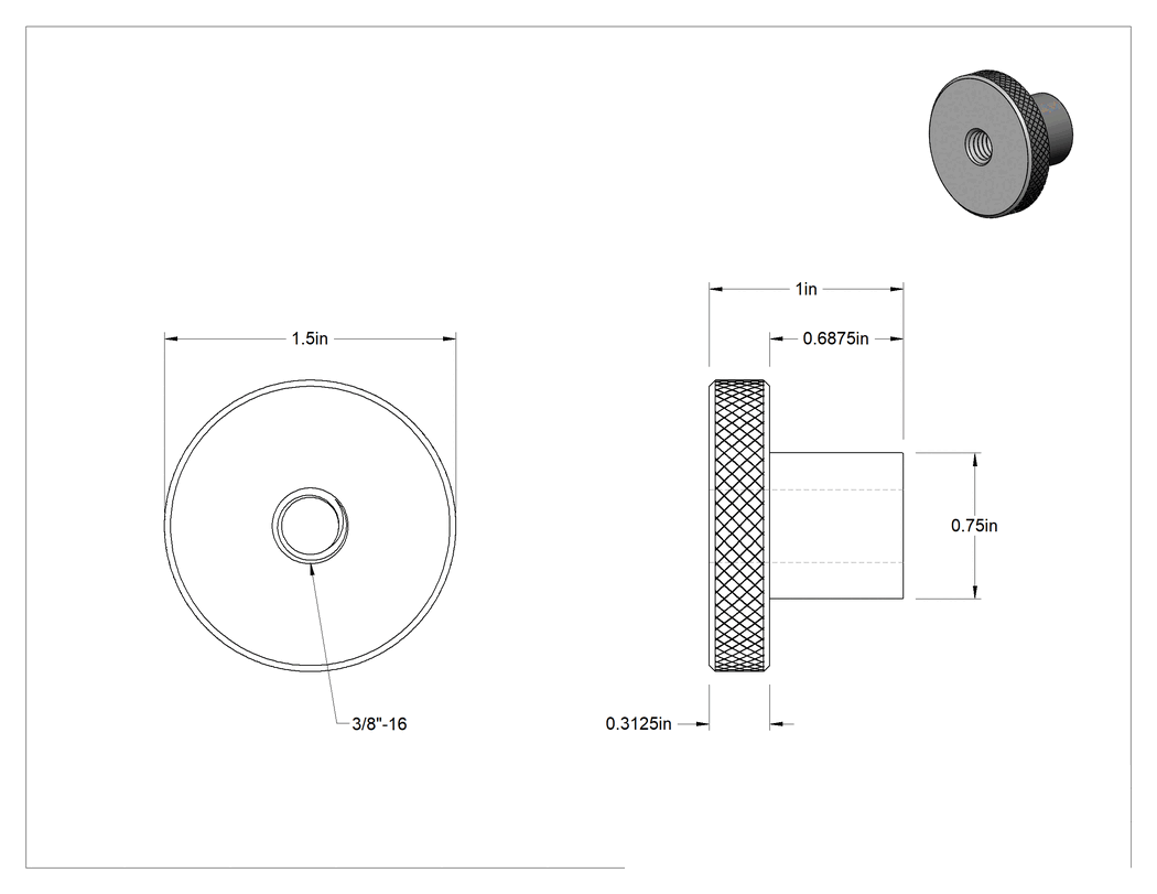 Teknik Çizim - Siyah Oksit Çelik Tırtıllı Tutma Düğmesi, 3/8"-16 Dişli Delikli, 1-1/2" Çaplı Başlık