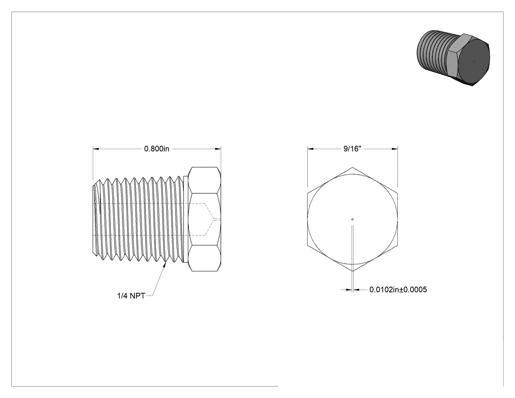 Teknik Çizim - Pirinç Gövdeli Dişli Delikli Vana, Altıköşe Başlıklı Tapa, 1/4 NPT Erkek, 0.01 inç Delik Çapı