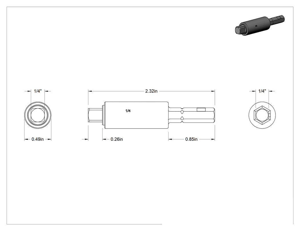 Teknik Çizim - Altıgen Şaft - Kare Tahrik Adaptörü, Elektrik Yalıtımlı, 1/4" x 1/4"