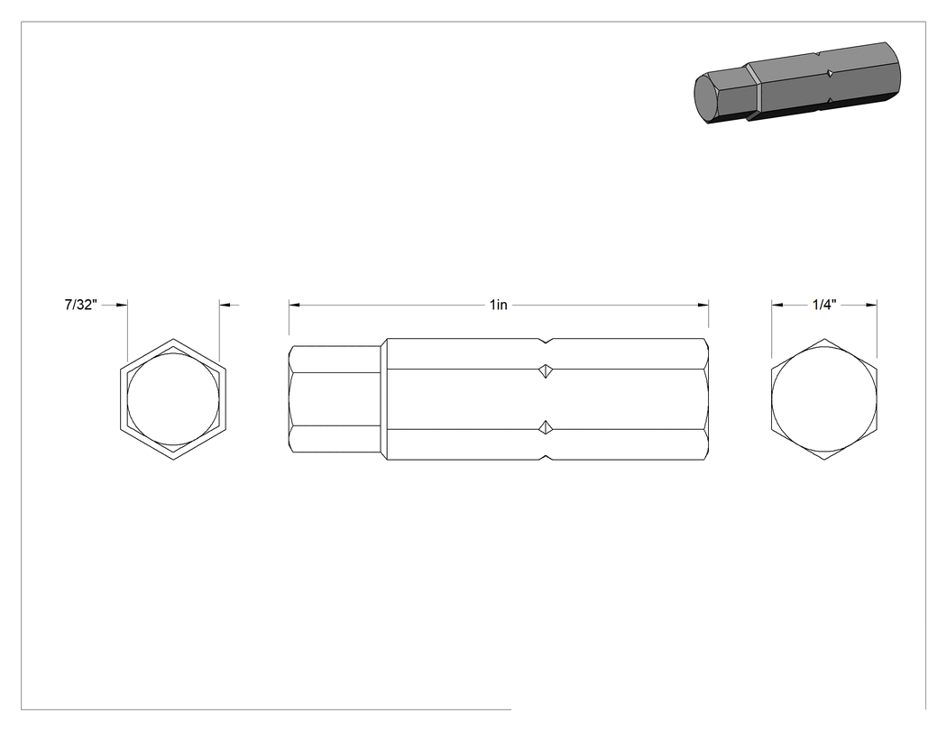 Teknik Çizim - 7/32" Altıgen Uç, 1/4" Altıgen Şaft