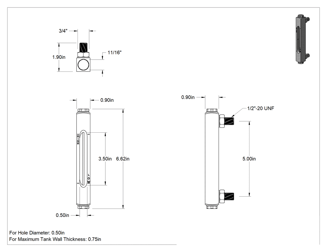 Teknik Çizim - Kimyasal Seviye Göstergesi, Duvar Geçişli, 1/2"-20 UNF, İki adet 1/2" Delik için, 5 inç Bağlantı