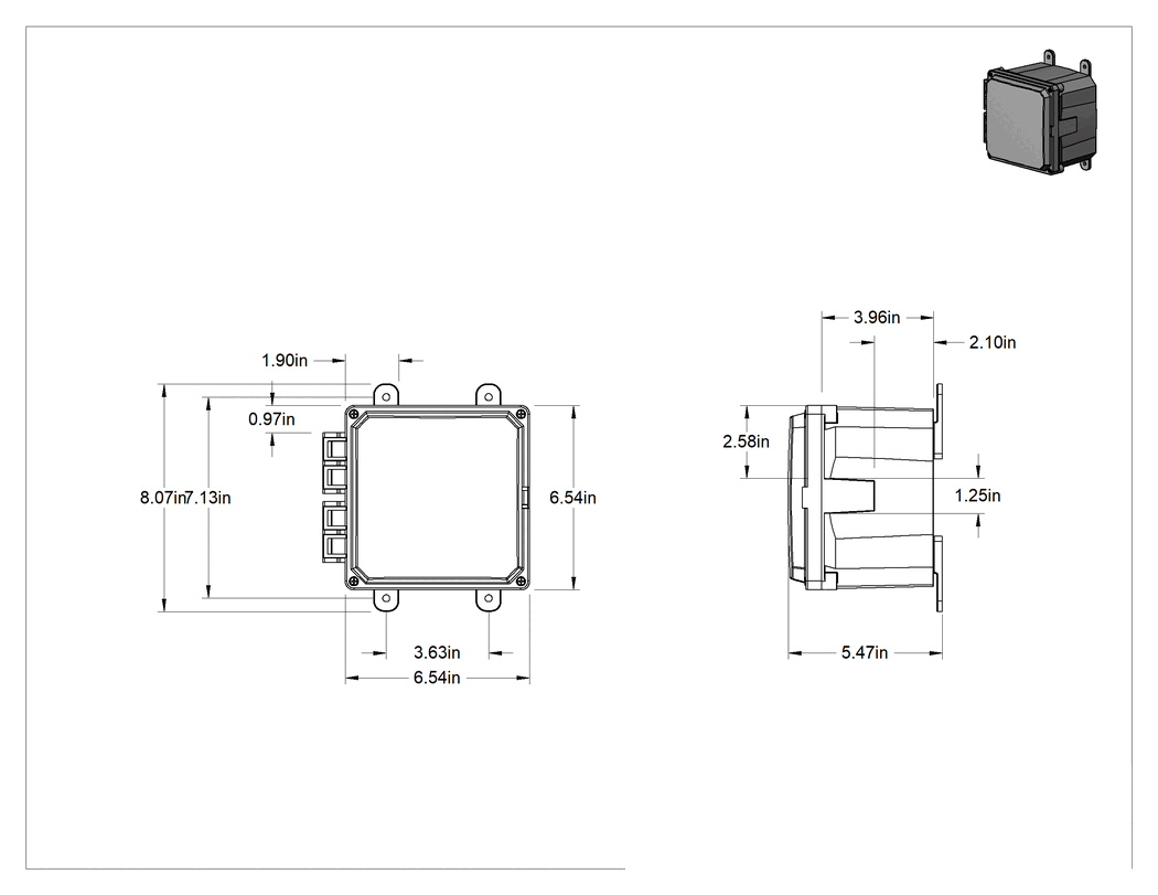 Teknik Çizim - Versa-Panel Polikarbonat Muhafaza, Vidalı Kapaklı Menteşeli Kapak, 6.5" x 6.5" x 5.5", Gri