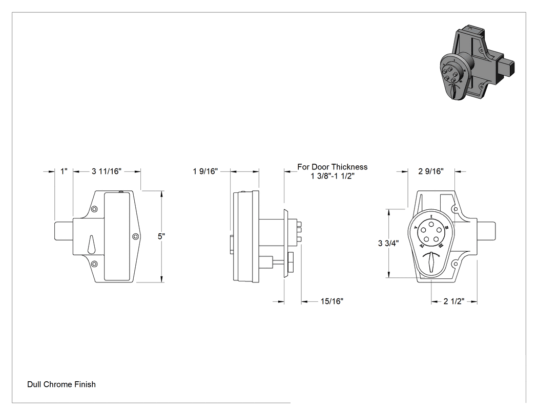 Teknik Çizim - Düğmeli Kombinasyonlı Sürgü Kapı Kilidi, Mat Krom Kaplama, 1-3/8" ila 1-1/2" kapı kalınlığı için