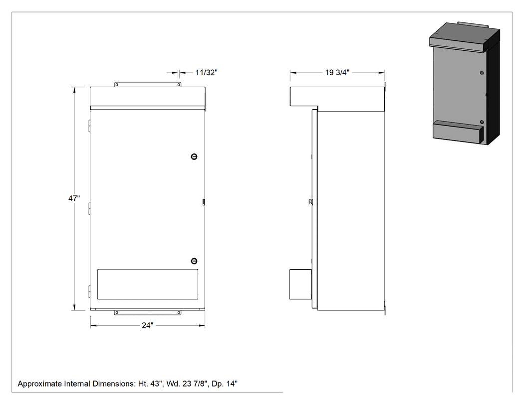 Teknik Çizim - Hava Koşullarına Dayanıklı Muhafaza, 2 Soğutma Fanılı, 47" Yükseklik x 24" Genişlik x 20" Derinlik