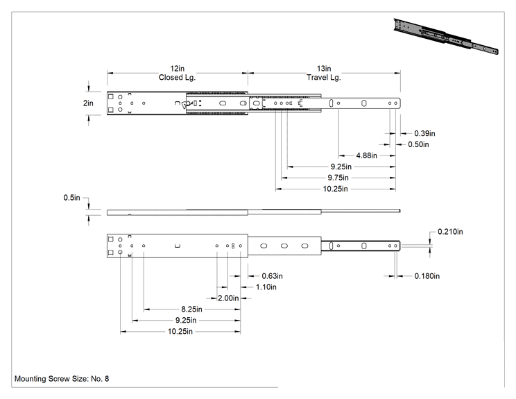 Teknik Çizim - Kilitli Açık Çekmece Kılavuzları, 12" Kapalı Uzunluk