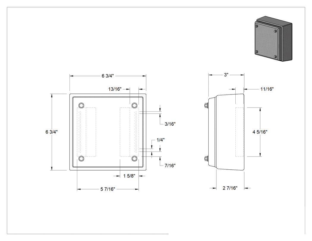 Teknik Çizim - Hijyenik Muhafaza, Çıkarılabilir Kapak, 7" Yükseklik x 7" Genişlik