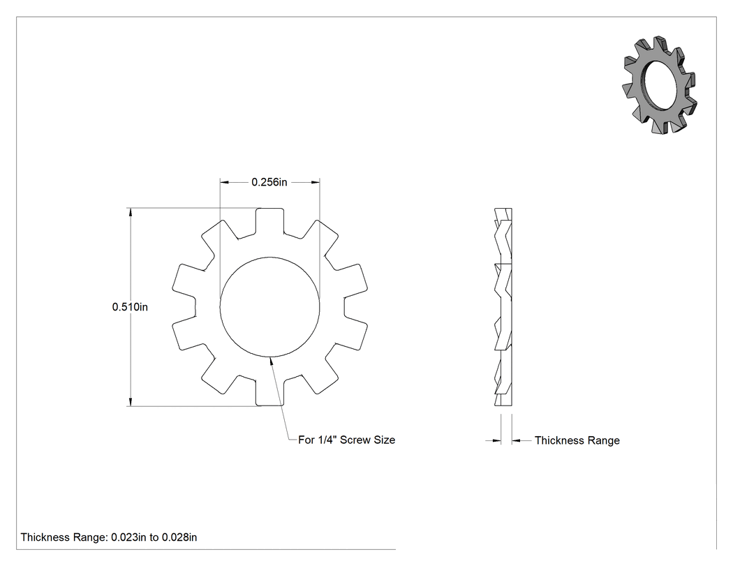 Teknik Çizim - 316 Paslanmaz Çelik Dış Dişli Kilit Pul, 1/4" Vida Boyutu için, 0.256" İç Çap, 0.510" Dış Çap