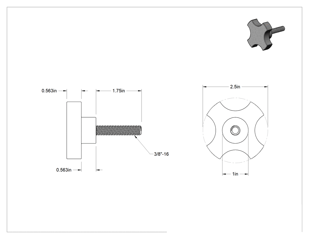 Teknik Çizim - 3/8"-16 Dişli 1-3/4" Uzunluğunda Saplamalı Pirinç 4 Kollu Düğme