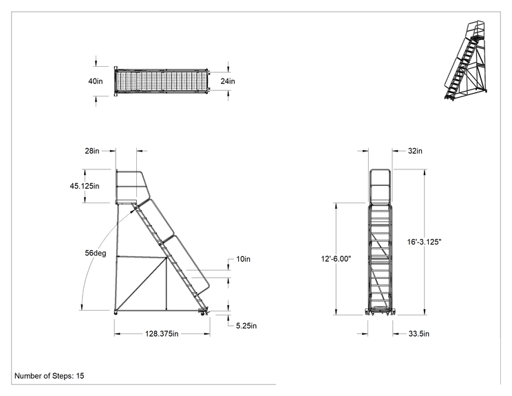 Teknik Çizim - Yuvarlanan Delikli Platform Merdiveni, Montajlanmamış, 15 Adım, 12'6" Yükseklik x 28" Derinlikte Platform