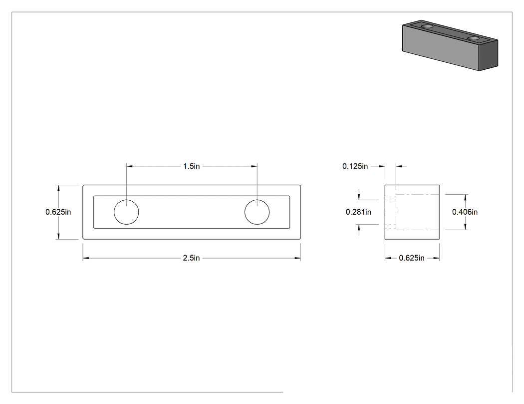 Teknik Çizim - Güçlendirilmiş Dişsiz Delikli Tampon, Neopren, 2-1/2" Uzunluk, 5/8" Genişlik, 5/8" Yükseklik