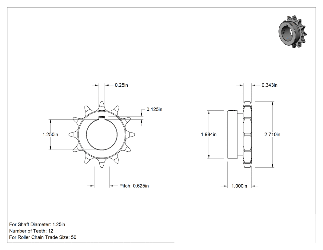 Teknik Çizim - Çelik Tek Sıralı Dişli, ANSI 50 Makaralı Zincir ve 1-1/4" Mil Çapı için, 12 Diş