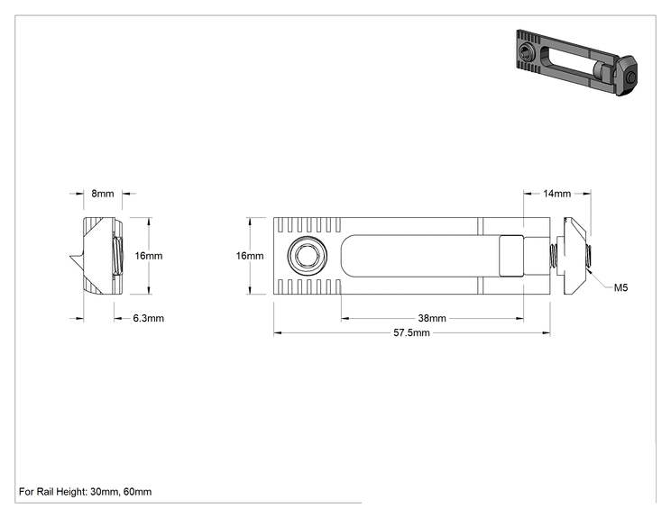 Teknik Çizim - T-Yivli Çerçeve, 30 mm Yüksekliğinde Tek Ray için Gizli Braket