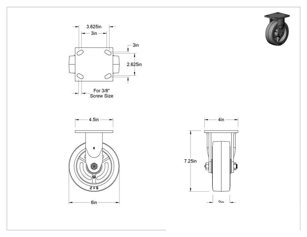 Teknik Çizim - 4-1/2" x 4" Montaj Plakalı Samson Tekerlek, 6" Çaplı Siyah Kauçuk Tekerlekli Sert, Açık Rulman