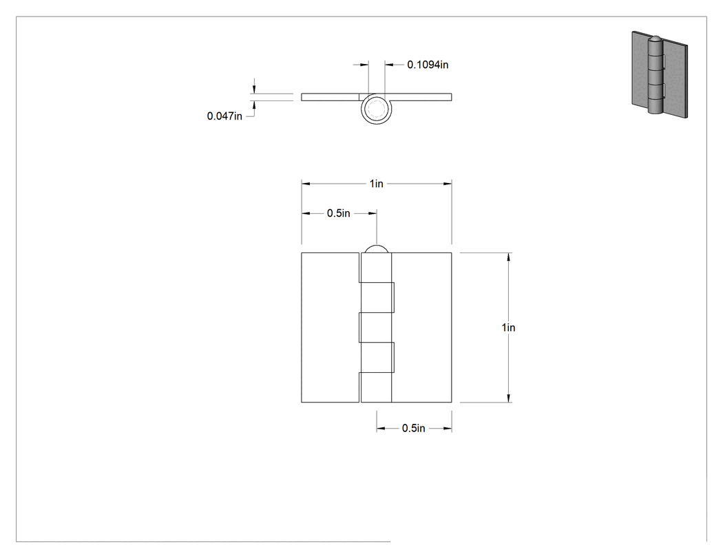 Teknik Çizim - Delikli Olmayan Çelik Menteşe, Çıkarılabilir Pim, 1" x 1/2" Kapı Kanadı, 0.047 inç Yaprak Kalınlığı
