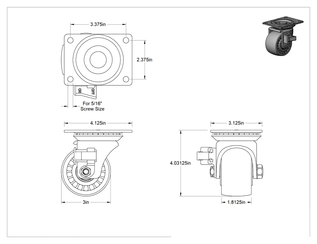 Teknik Çizim - Yüksek Kapasiteli Düşük Profilli Tekerlek, Frenli Döner Tekerlek, 3" Çaplı Naylon Tekerlek ve 4-1/32" Montaj Yüksekliği