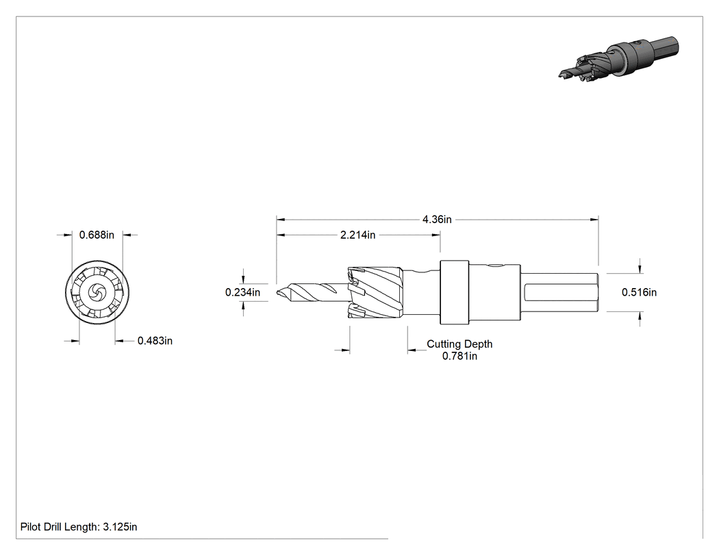 Teknik Çizim - Paslanmaz Çelik Levhalar için Ağır Hizmet Tipi Delik Testereleri, 25/32" Kesme Derinliği, 11/16" Çap