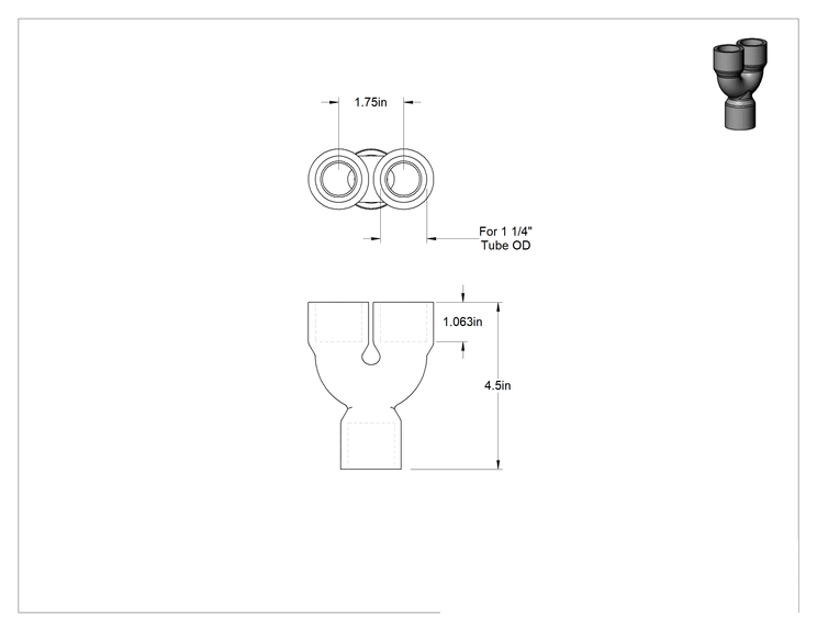 Teknik Çizim - Plastik Boru için Soket Bağlantılı Fitting, Hava ve Su için, 1-1/4" Dış Çaplı Boru için Y Bağlantı Elemanı