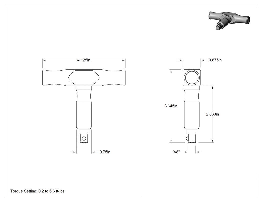 Teknik Çizim - T-Kolu Kayma Serbest Bırakmalı Fabrika Ayarlı Anahtar, Tork (ft.-lbs.), Cırcırlı, 3/8" Kare Tahrik, 3.5" Uzunluk