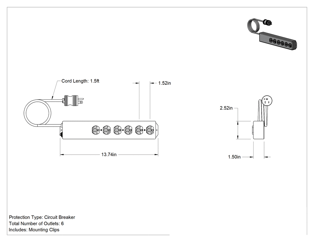 Teknik Çizim - Sure-Grip Priz Şeridi, 6 Çıkış, 1-1/2" Çıkış Merkezden Merkeze Mesafesi, 1-1/2 Fit Uzunluğunda Kablo