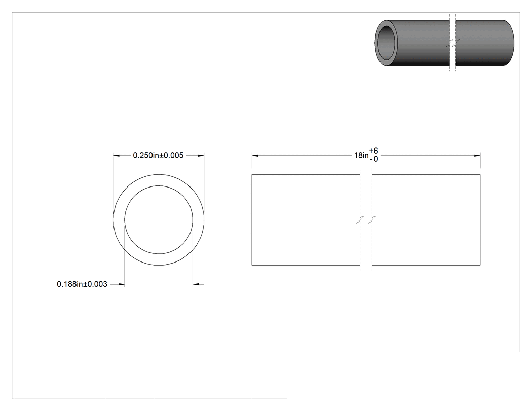 Teknik Çizim - Alev Geciktirici Garolite G-10/FR4 Tüp, 1/32" Duvar Kalınlığı, 1/4" Dış Çap, 3/16" İç Çap, 18 inç Uzunluk