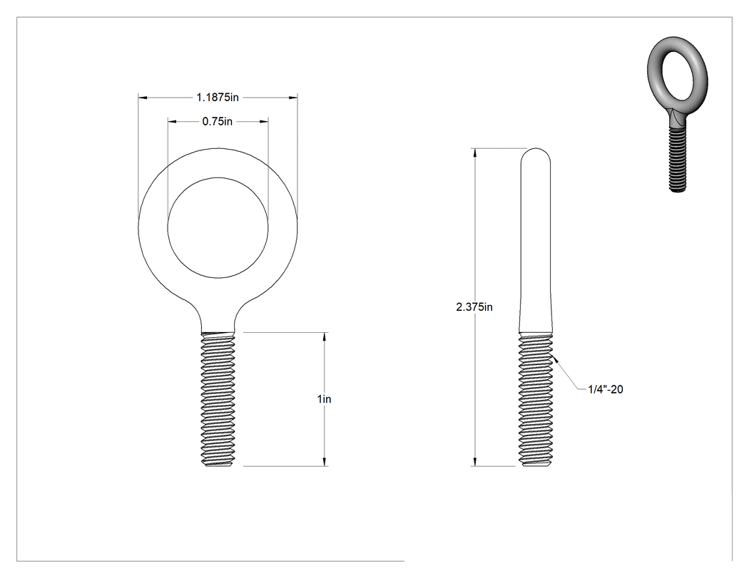 Teknik Çizim - 304 Paslanmaz Çelik Halka Cıvata, Kaldırma Omuzlu Olmayan, 1/4"-20 Diş Boyutu, 1" Diş Uzunluğu