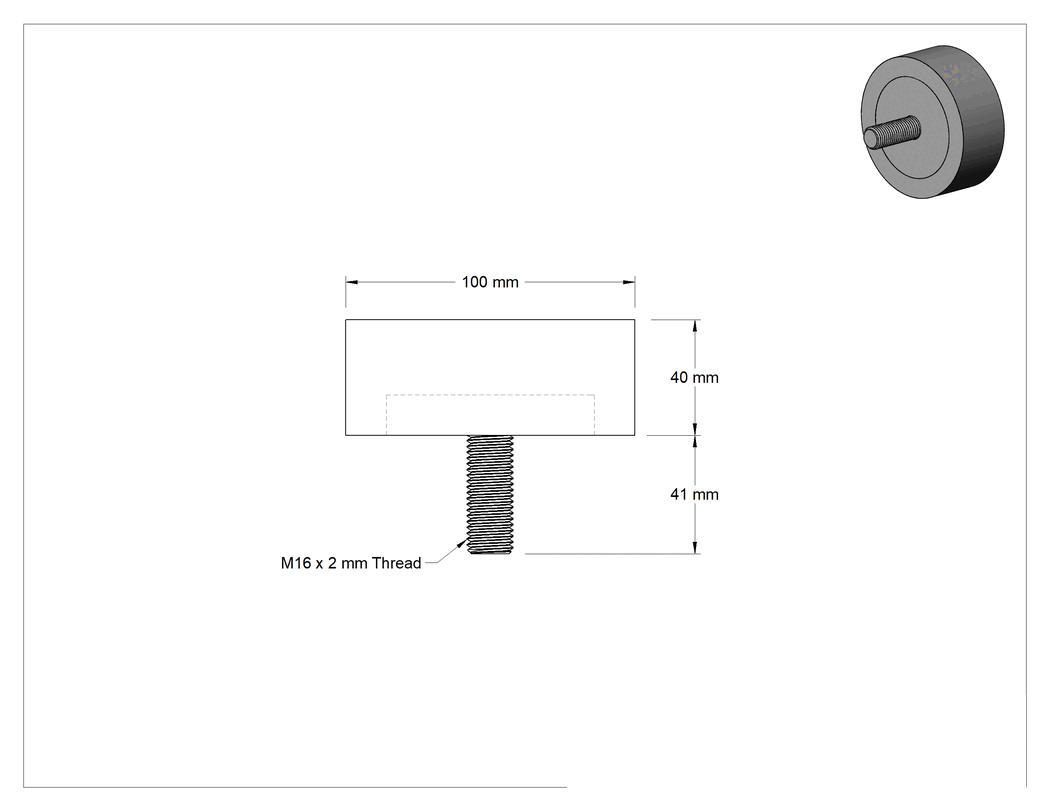 Teknik Çizim - Yük Kapasiteli Güçlendirilmiş Dişli Tampon, Doğal Kauçuk, Çelik Levha ve M16 x 2 mm Saplama, 40 mm Yükseklik