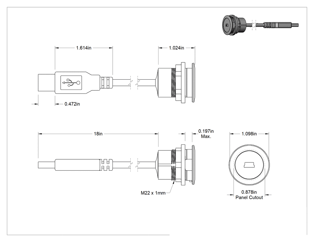 Teknik Çizim - Panele Monte USB Kablosu, USB 2.0, A Fiş x Mini-B Dişli Soket, 1.5' Uzunluk