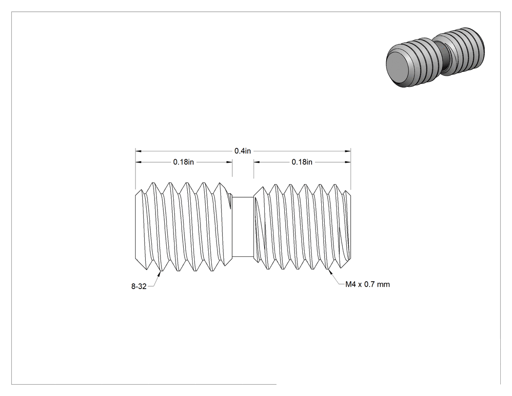 Teknik Çizim - Yuvarlak Dişli Adaptör, Erkek, 8-32 ila M4 x 0.7 mm Diş Boyutu