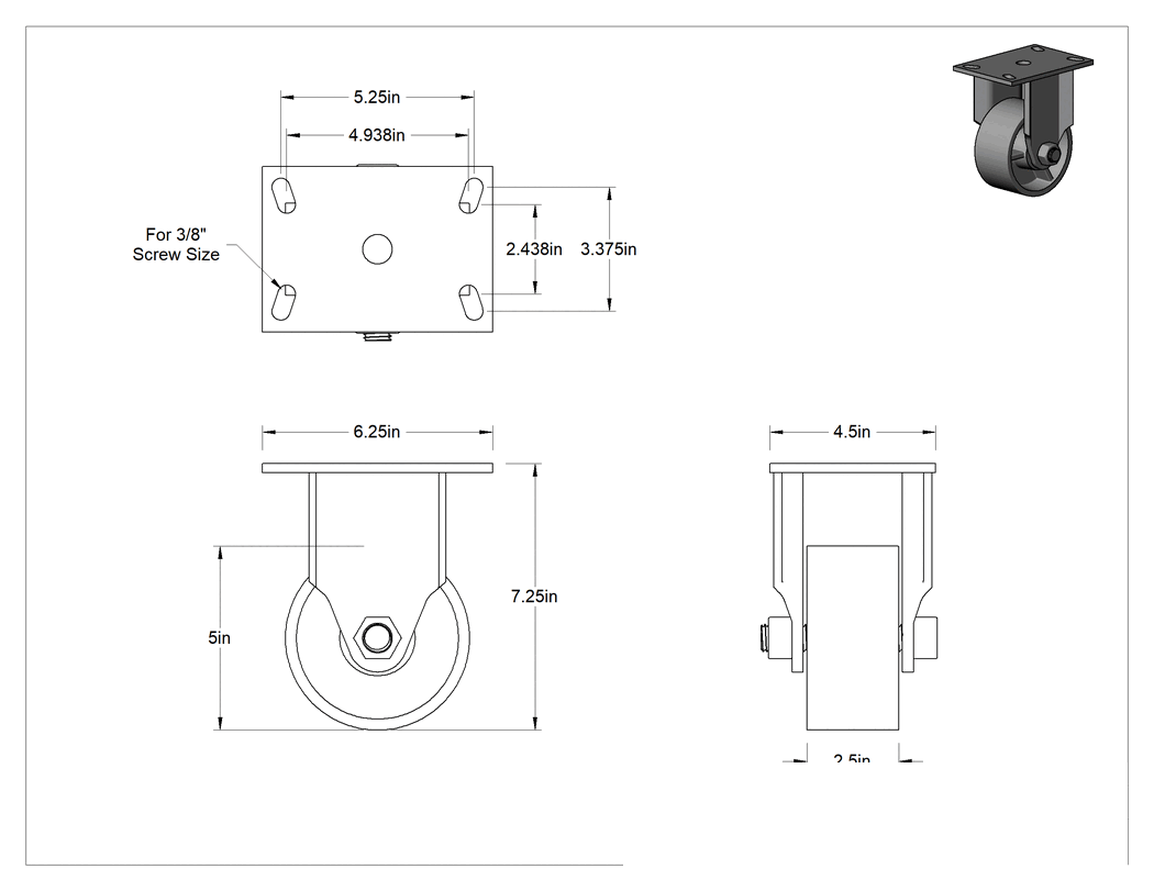 Teknik Çizim - Metal Tekerlekli Ekstra Yüksek Kapasiteli Çöp Konteyneri Tekerleri, 5" Çaplı Metal Tekerlekli Sert