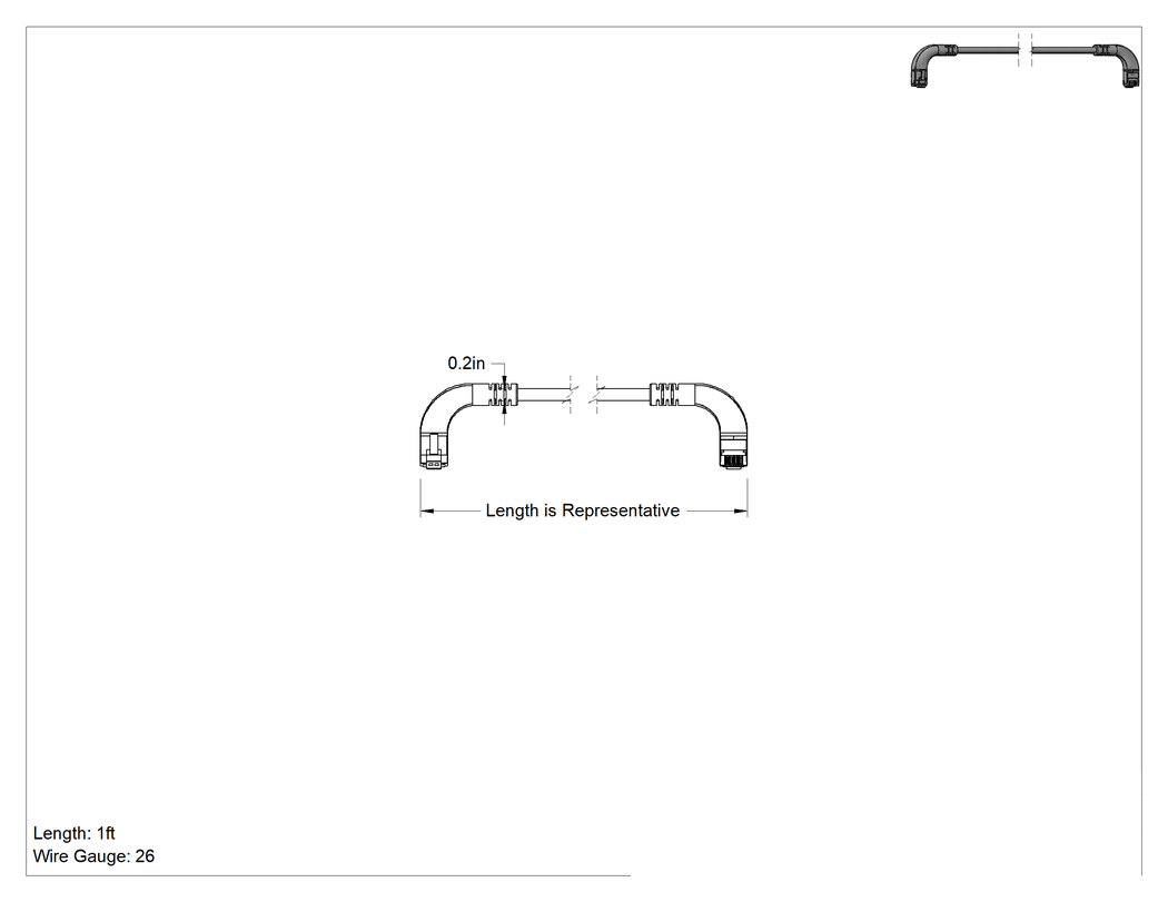 Teknik Çizim - Ethernet Kablosu, 90 Derece Dirsek x 90 Derece Dirsek, Kategori 6, 1 Fit Uzunluğunda