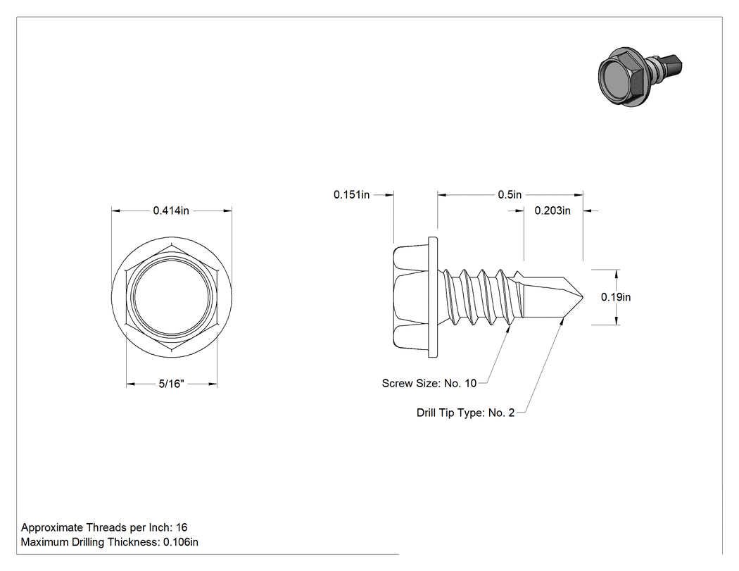 Teknik Çizim - 410 Molibden Paslanmaz Çelik Altıköşe Başlı Delme Vidaları, Flanşlı, 10 Numaralı Vida Boyutu, 1/2" Uzunluk