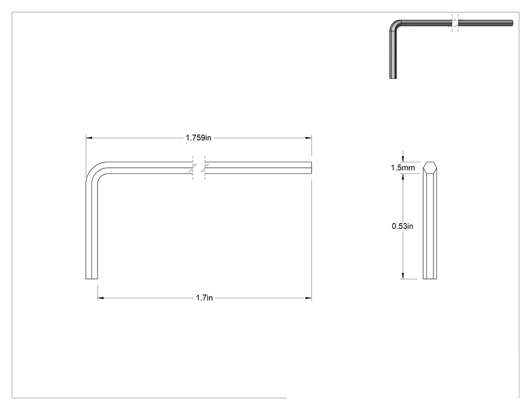 Teknik Çizim - Mavi Boyalı Alaşımlı Çelik Altıgen L Anahtarı, 1.5 mm Tahrik Boyutu, 1-3/4" Toplam Uzunluk