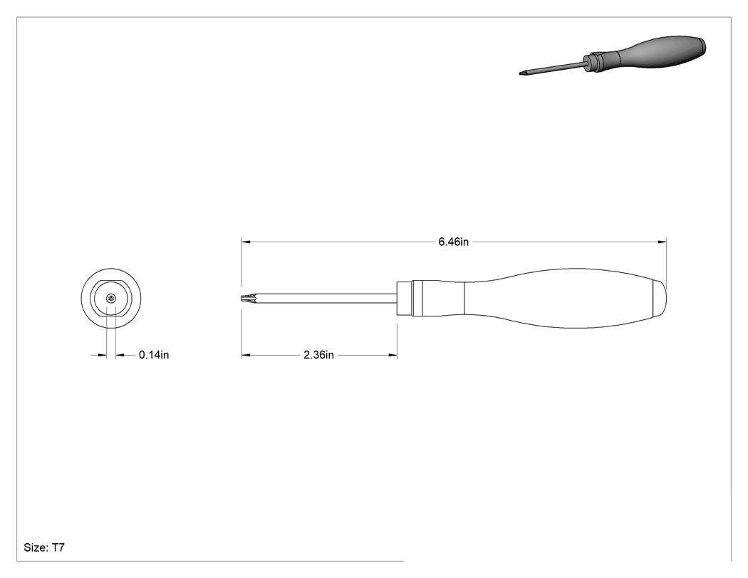 Teknik Çizim - Kurcalamaya Dayanıklı Torx Tornavida, Ultra Grip, T7 Uç Boyutu