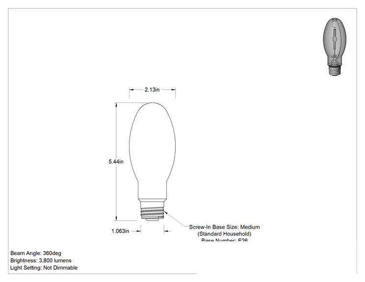 Teknik Çizim - Metal Halide Ampul, ED17 Konik, E26 Orta Taban, 50W, 4000K, 3800 lümen