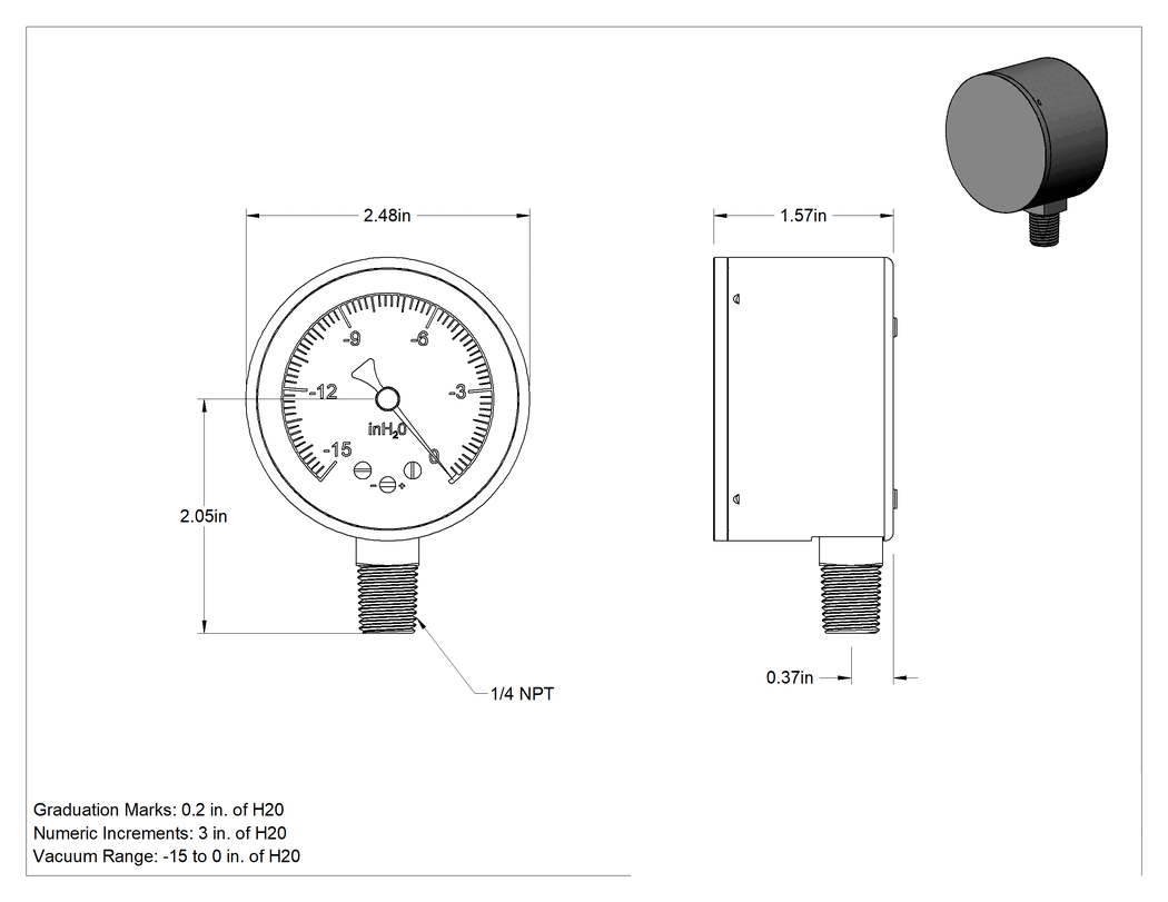 Teknik Çizim - 1/4 NPT Erkek Alt Bağlantılı Ultra Düşük Vakummetre, NIST Sertifikası, Çelik Kasa, 2-1/2" Kadran, -15 ila 0 inç H2O