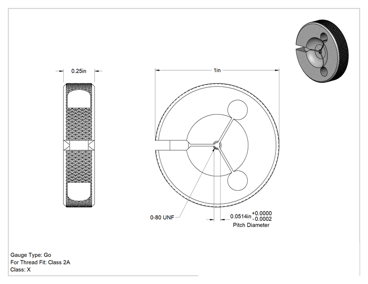 Teknik Çizim - NIST Sertifikalı Halka Mastarı, Go, 0-80 UNF Diş, Sınıf 2A Uyum için