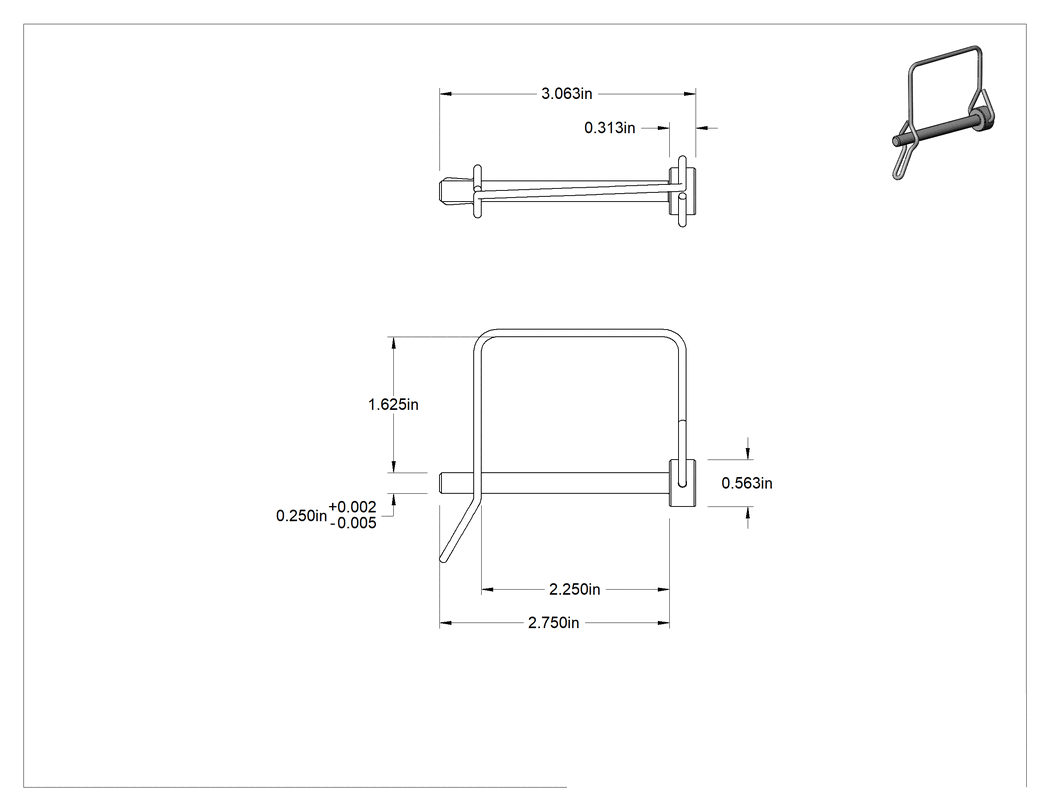 Teknik Çizim - Tel Tutuculu Çatal Pimi, Halkalı ve Tırnaklı Kare, 1/4" Çap, 2-1/4" Kullanılabilir Uzunluk