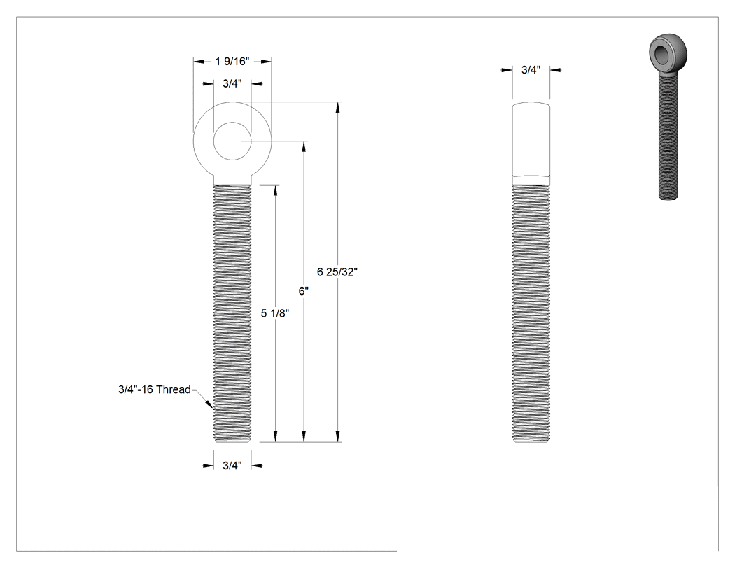 Teknik Çizim - Tam Gijon Ucu Cıvatası, Sağ Yönlü 3/4"-16 Şaft, 6" Şaft Merkez Uzunluğu