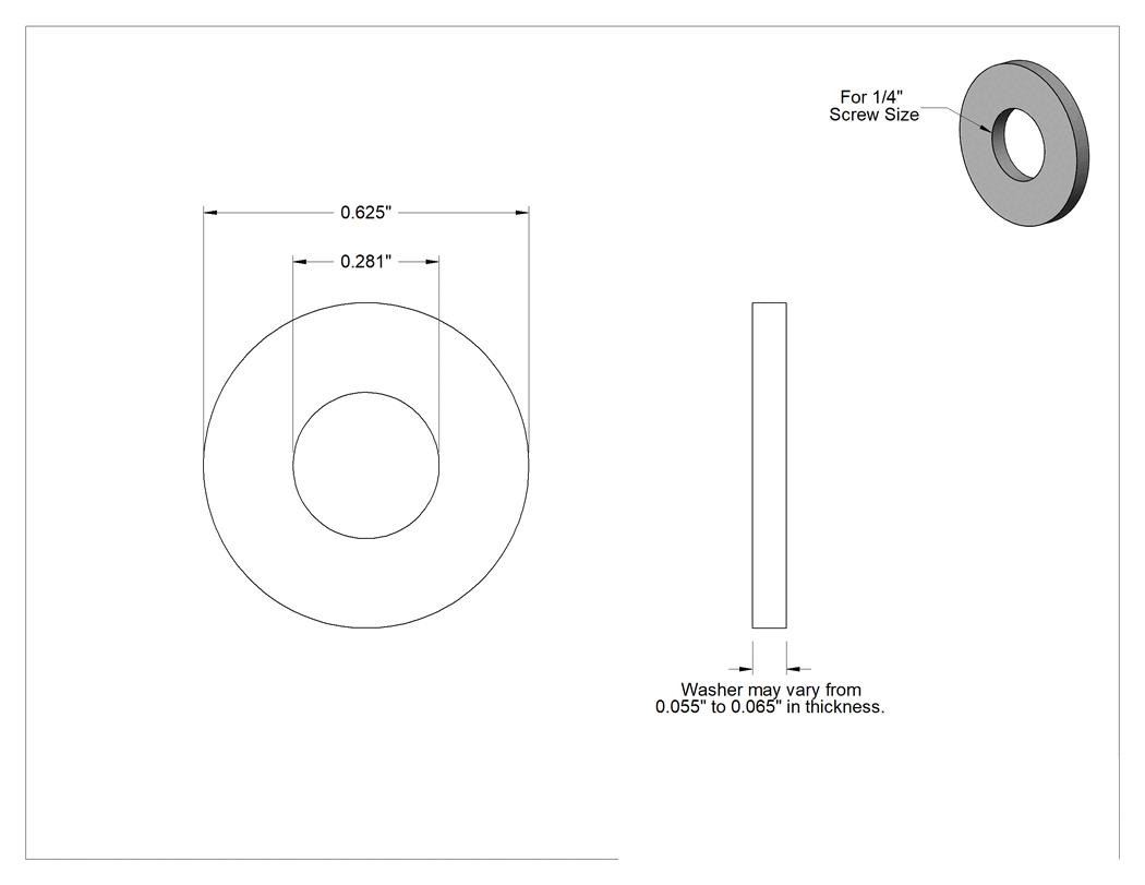 Teknik Çizim - Süper Korozyon Dirençli Çelik SAE Pul, Çinko Pul Kaplı, 1/4" Vida için, 0.281" İç Çap, 0.625" Dış Çap