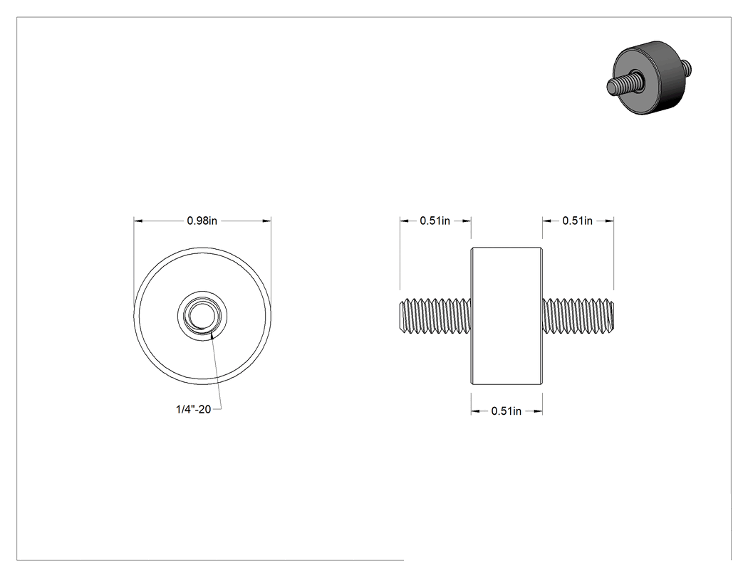 Teknik Çizim - Saplamalı Titreşim Sönümleyici Sandviç Montaj, Doğal Kauçuk ve Kaplamalı Çelik, 1/4"-20 Diş, 154 lbs. Kapasite