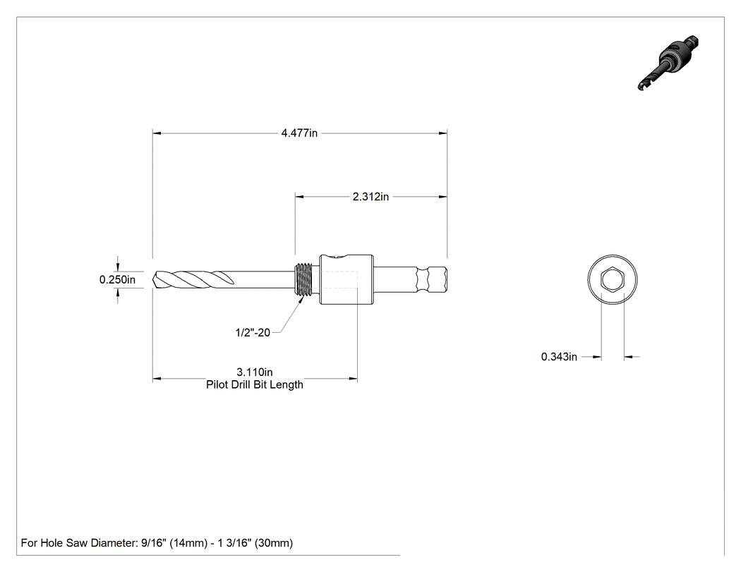 Teknik Çizim - Delik Testere için 3-1/8" Uzunlukta Matkap Ucu ile 11/32" Şaft Mafsalı