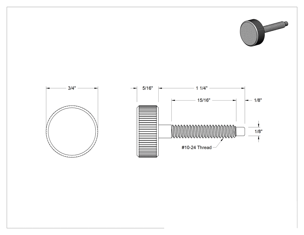 Teknik Çizim - Paslanmaz Çelik Tırtıllı Başlı Uzatılmış Uçlu Tırtıllı El Vidası, 10-24 Diş Boyutu, 1-1/4" Uzunluk