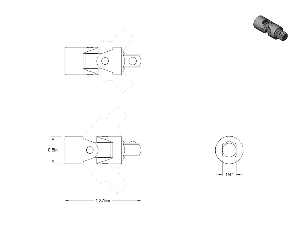 Teknik Çizim - Esnek Soket Adaptörü, ABD Üretimi 1/4" Kare Tahrik, Kaplamalı