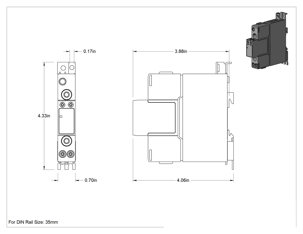 Teknik Çizim - DIN Rayı Montajlı Katı Hal Rölesi, SPST-NO, 4 Terminal, 3-30V DC Giriş, 20A @ 240V AC