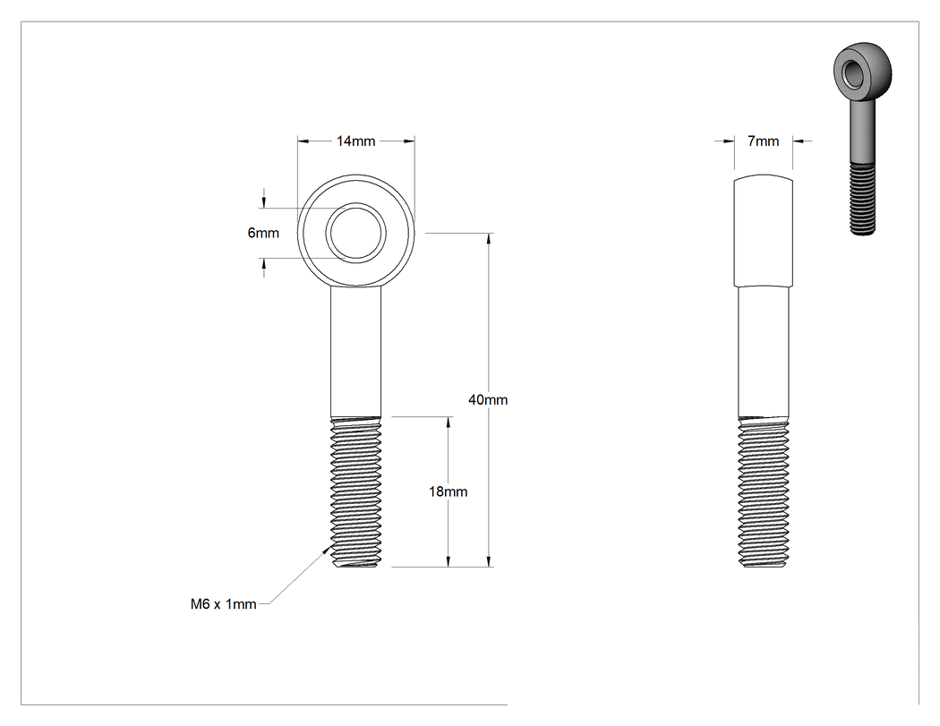 Teknik Çizim - Paslanma ve Aşınmaya Dayanıklı Kısmen Gijon Ucu Cıvatası, Pirinç, M6 x 1 mm Diş, 40 mm Şaft Merkez Uzunluğu