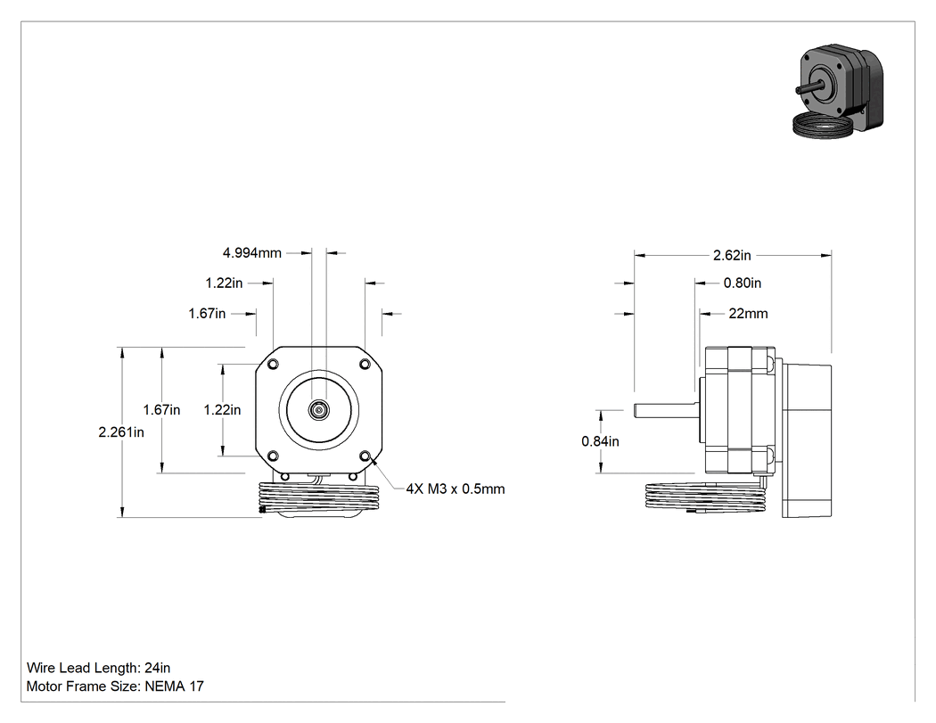 Teknik Çizim - Step Motor, Enkoderli, NEMA 17, 26.9 inç-oz. Maksimum Tutma Torku