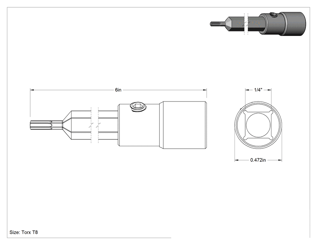 Teknik Çizim - Torx Uç Soketi, 1/4" Kare Tahrik, T8 Boyutu, 6" Toplam Uzunluk