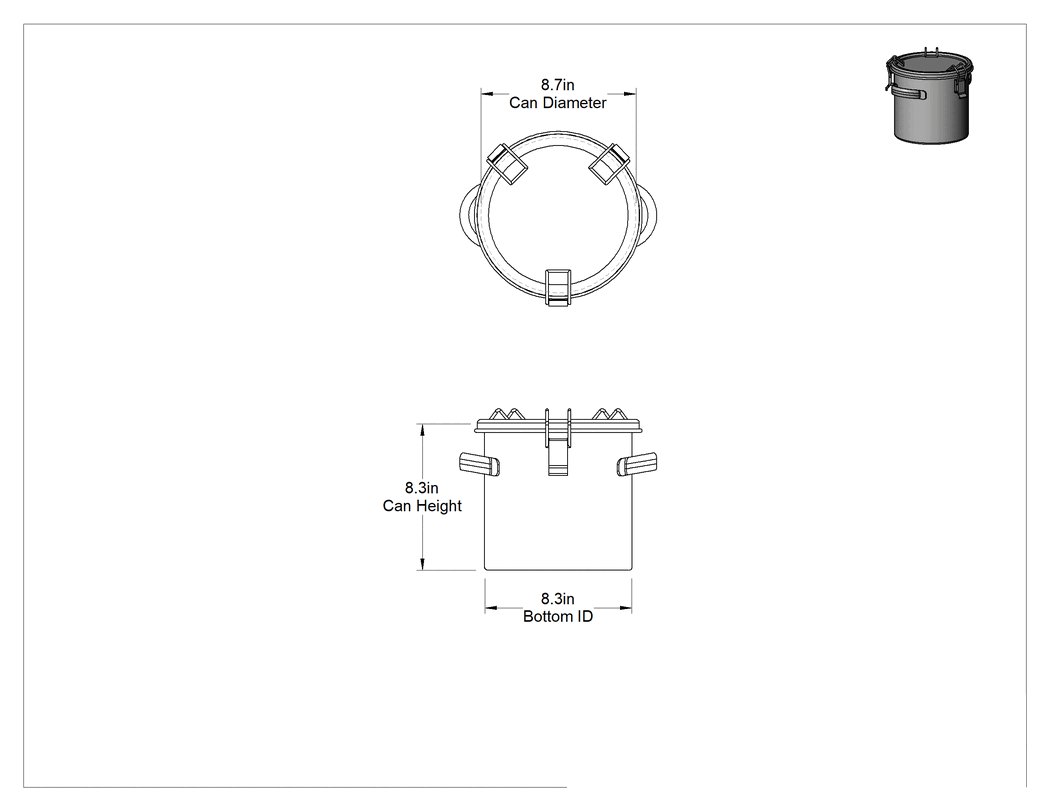 Teknik Çizim - 316 Paslanmaz Çelik Yuvarlak Parti Tankı, Kapaklı, 1-3/4 Galon Kapasite
