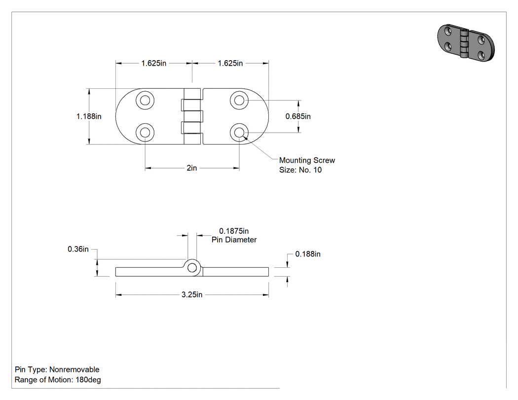 Teknik Çizim - Delikli Yüzeye Montaj Menteşesi, 316 Paslanmaz Çelik, 1-3/16" x 1-5/8" Kapı Kanadı